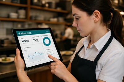 Restaurant staff using WastePilot dashboard on a tablet