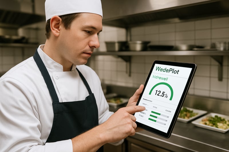 Restaurant staff using WastePilot software on a tablet to track food waste