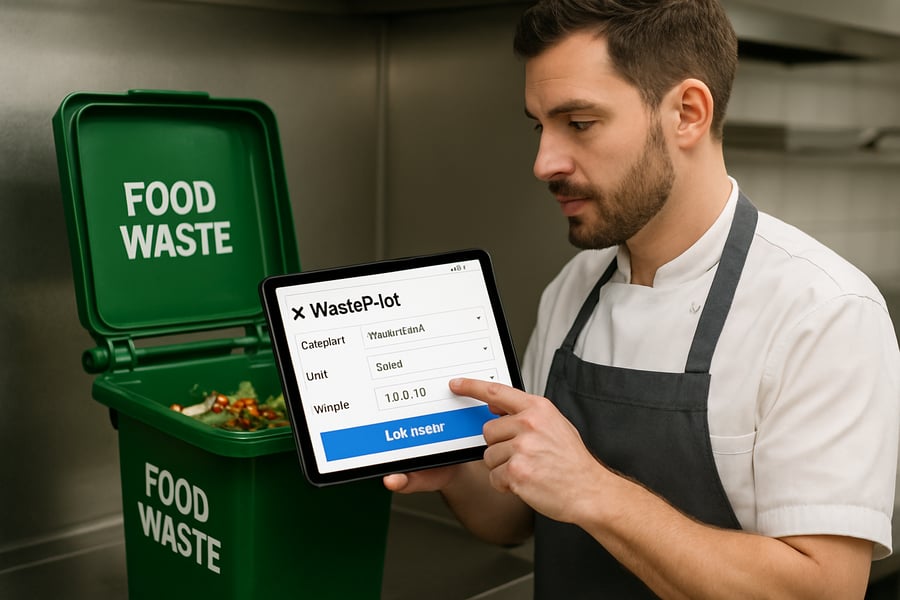 Restaurant staff using WastePilot to log food waste on a tablet